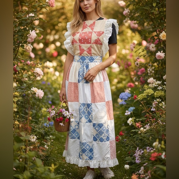 VTG Handmade Quilt Boho Prairie Patchwork Pinafore Apron Maxi Dress Hippie OOAK - Picture 5 of 14